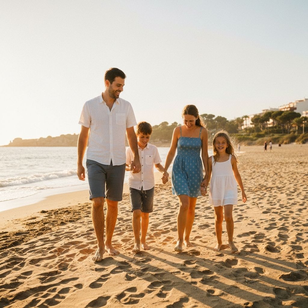 Young family walking on a Spanish beach at sunset
