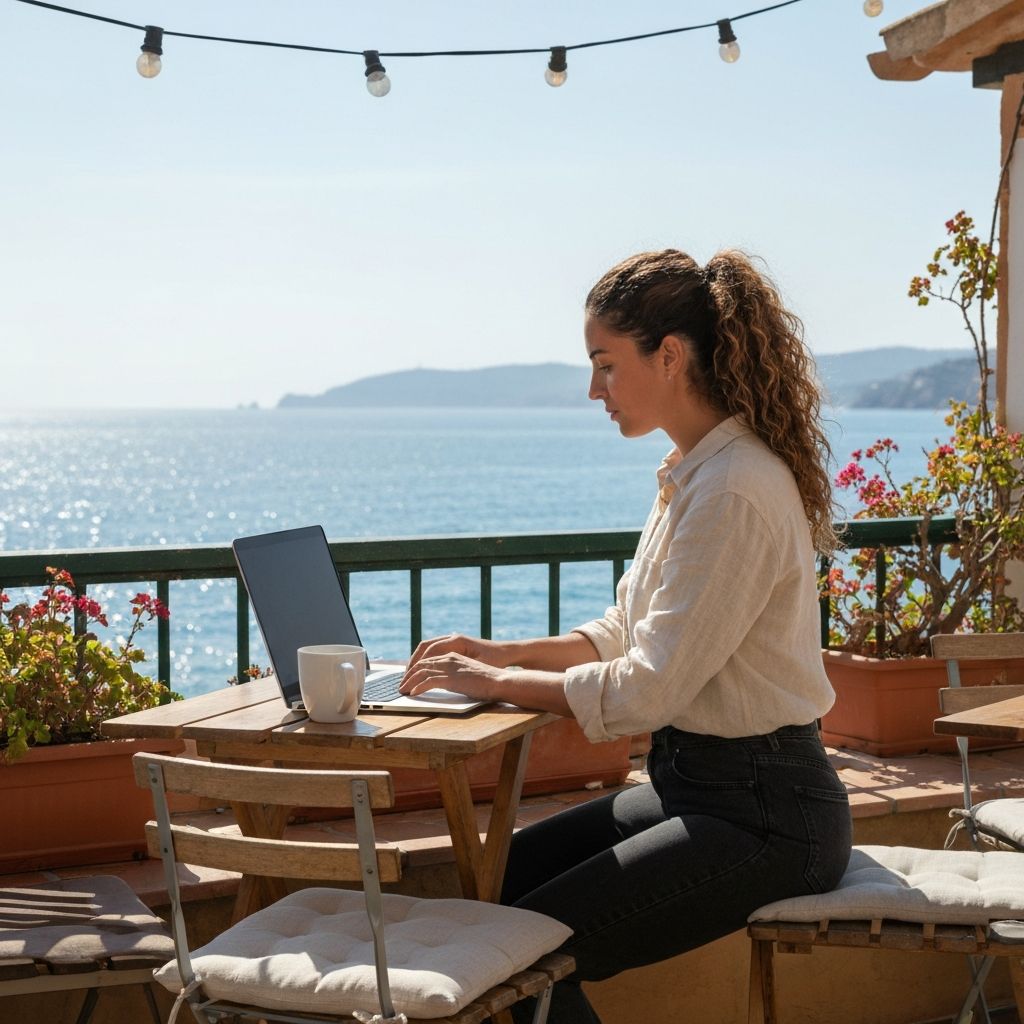 Remote worker with laptop overlooking the Mediterranean coast