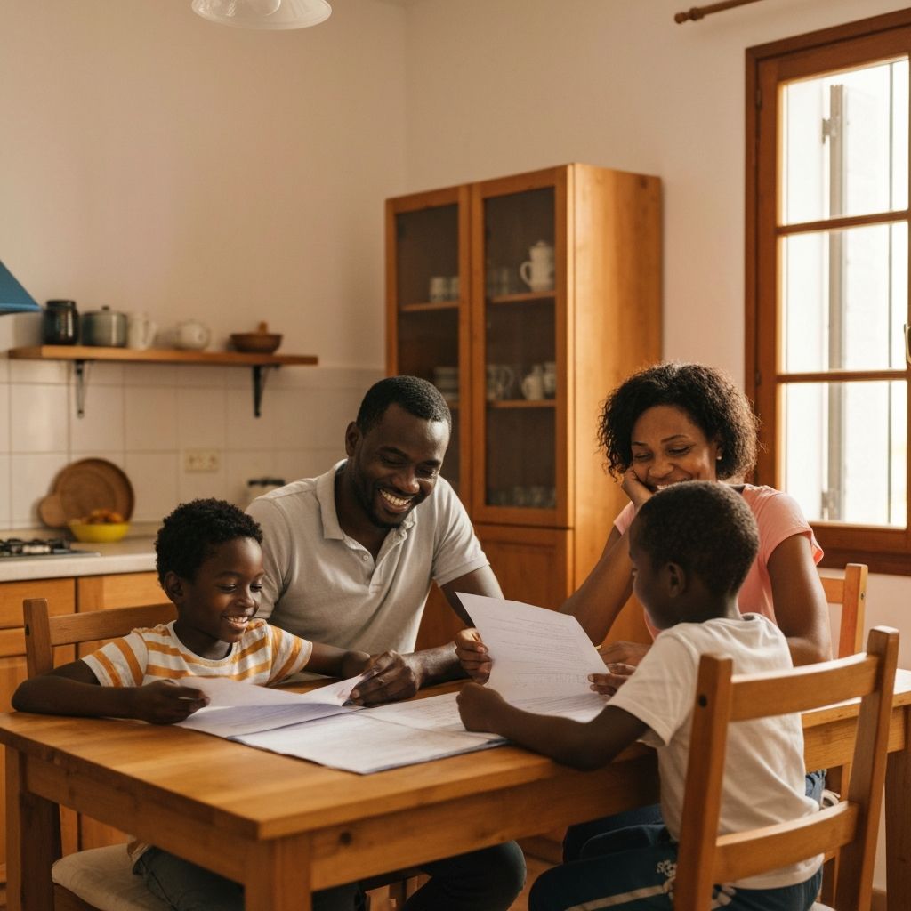 Happy family reviewing their documents