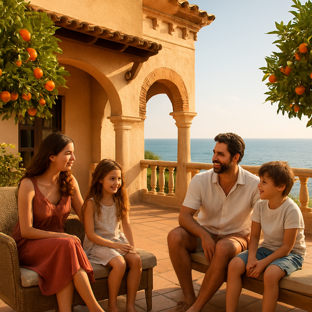 Family enjoying Spain relocation - Mediterranean villa with orange trees